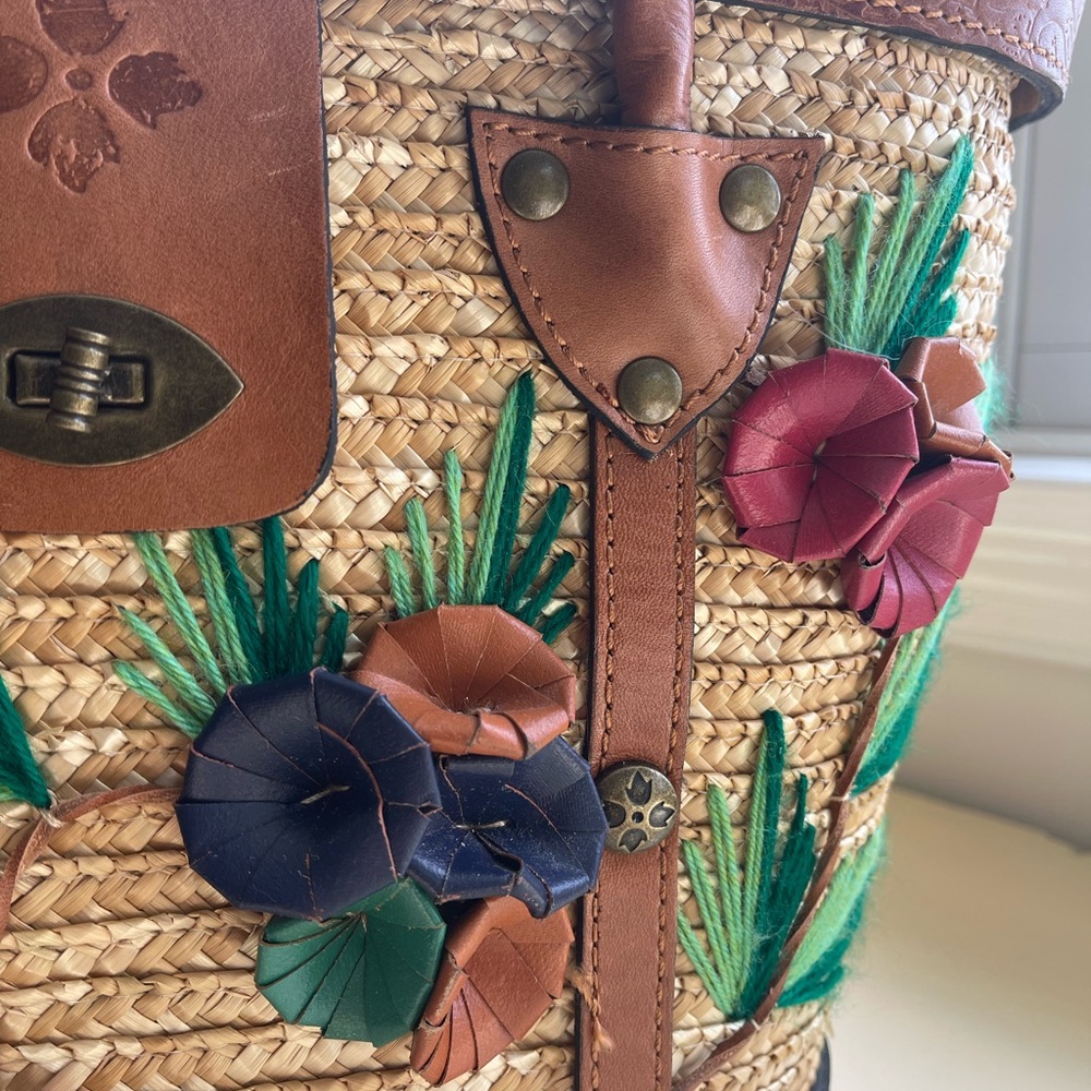 Patricia Nash Straw Tote with Brown Leather Trim and Multicolor Floral Accents - Picture 2 of 8
